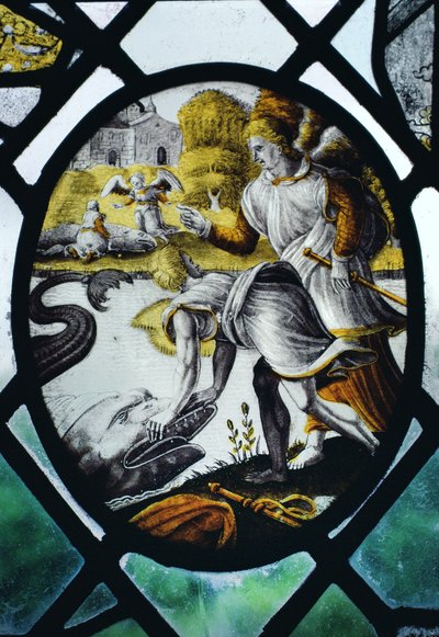 Vindue, der forestiller Tobias og ærkeenglen Rafael ved floden Tigris af English School